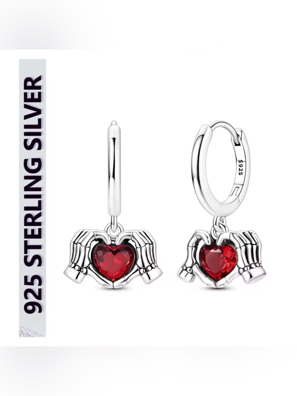 🌟🌟 S925 Sterling Silver Heart Hands Hoop Earrings with Red Crystal